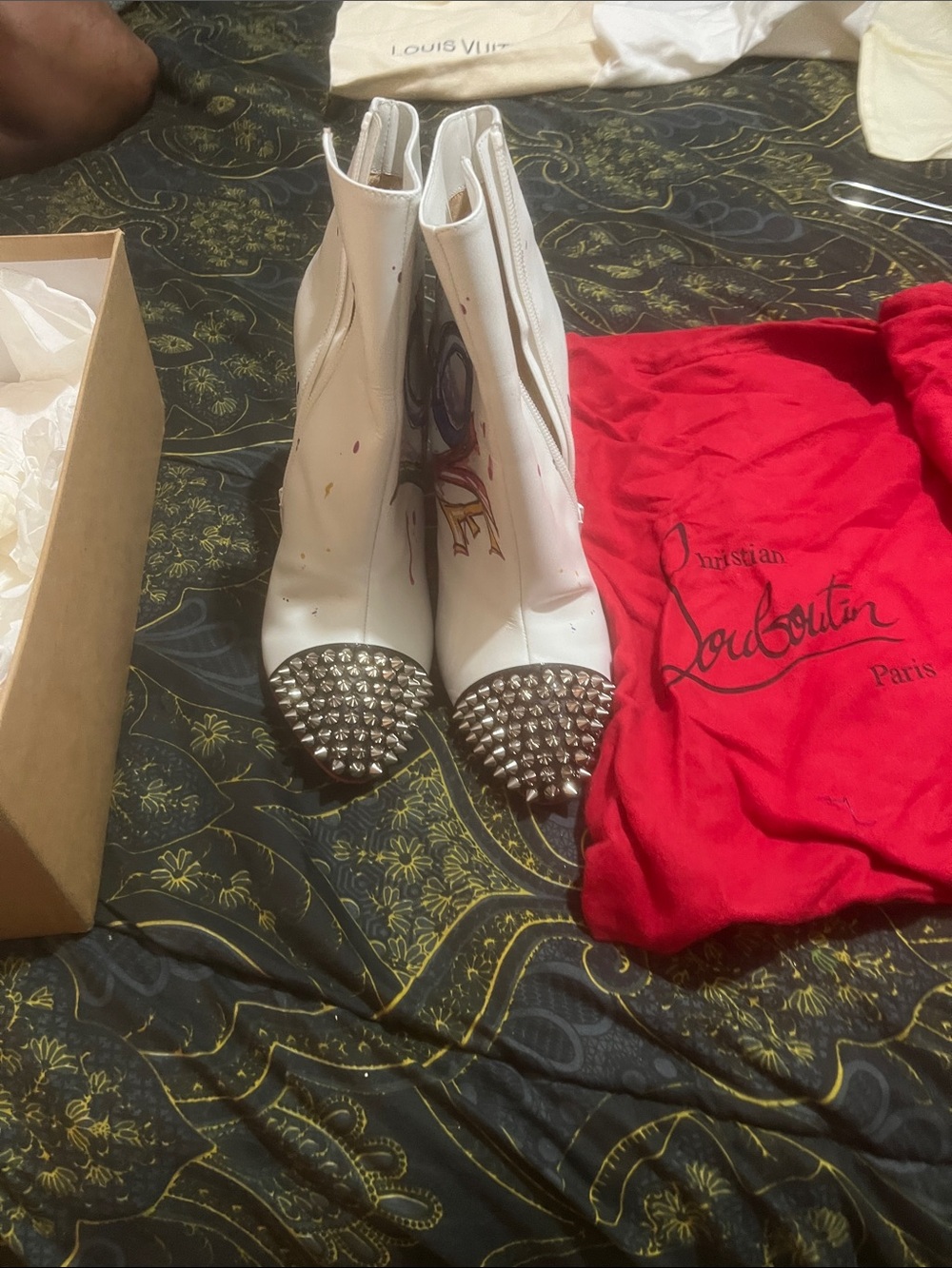 Christian Louboutin White Studded Spike-Toe Ankle Boots